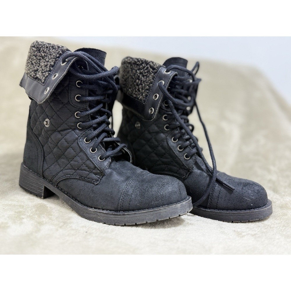 American Eagle Women's Black Boots 6.5 Combat Quilted Mid-Calf - Picture 3 of 10